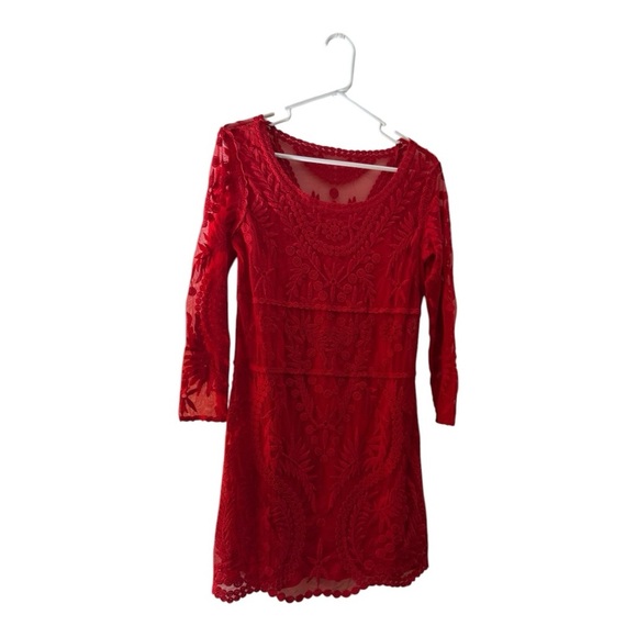EXPRESS Red Lace Overlay Long Sleeve Bodycon Mini Dress - Picture 2 of 7